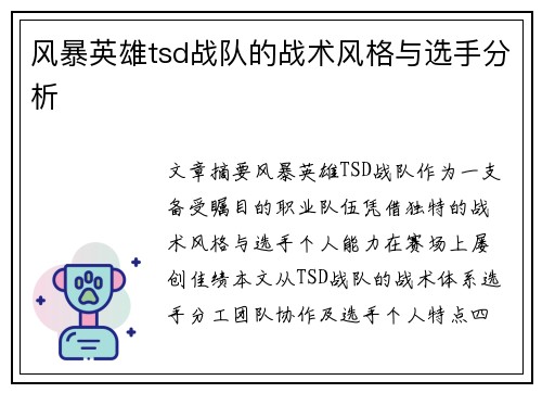 风暴英雄tsd战队的战术风格与选手分析