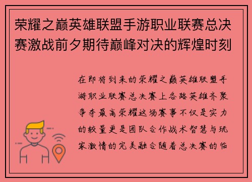 荣耀之巅英雄联盟手游职业联赛总决赛激战前夕期待巅峰对决的辉煌时刻