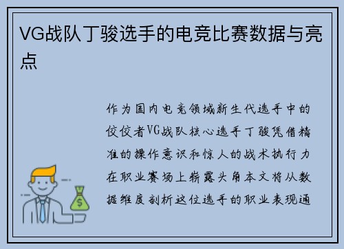 VG战队丁骏选手的电竞比赛数据与亮点